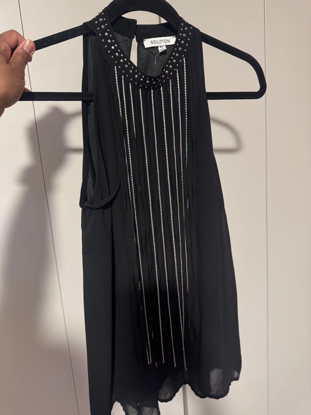 SOLUTION Black Beaded Fringe Halter Top sz M - NWT